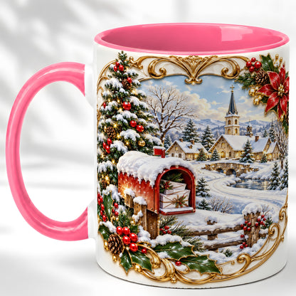 #pl[11oz|Pink] Christmas Mailbox Village Coffee Mug, Snowy Village Mug, Ceramic Cup