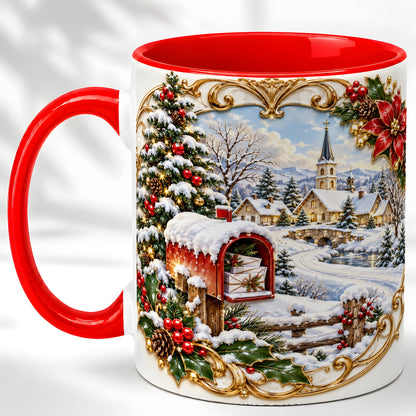 Christmas Mailbox Village Coffee Mug, Snowy Village Mug, Ceramic Cup
