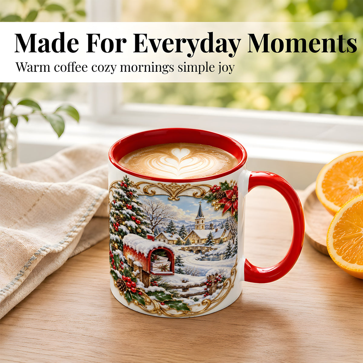 #pl[11oz|Red] Christmas Mailbox Village Coffee Mug, Snowy Village Mug, Ceramic Cup