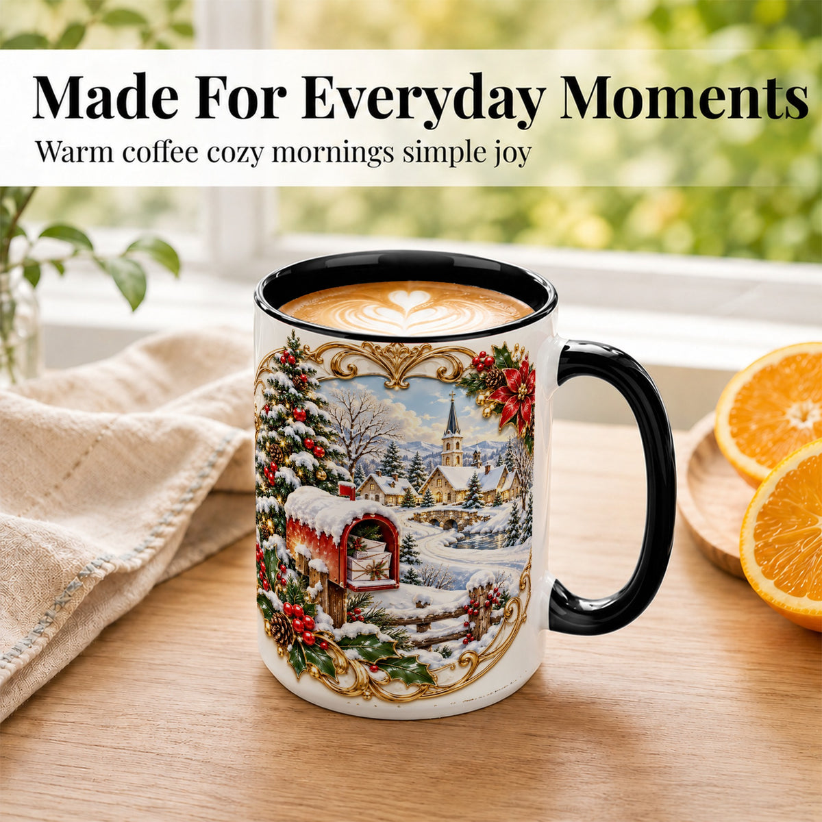 #pl[15oz|Black] Christmas Mailbox Village Coffee Mug, Snowy Village Mug, Ceramic Cup