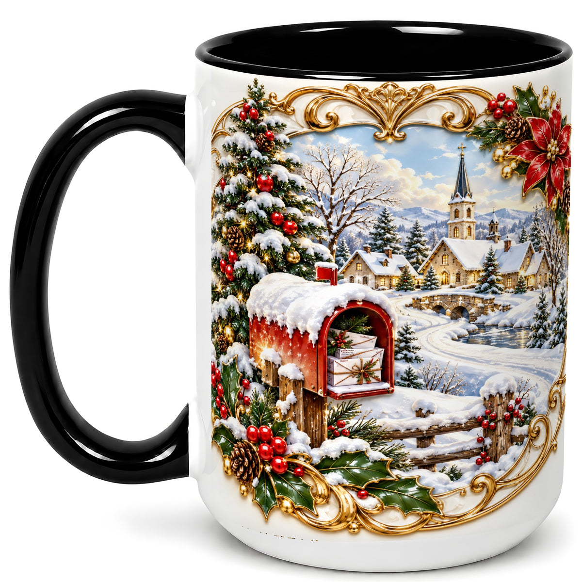 #pl[15oz|Black] Christmas Mailbox Village Coffee Mug, Snowy Village Mug, Ceramic Cup