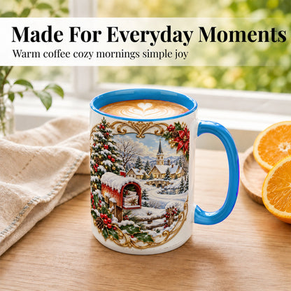 #pl[15oz|Blue] Christmas Mailbox Village Coffee Mug, Snowy Village Mug, Ceramic Cup