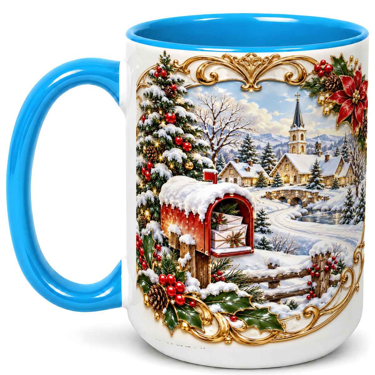 #pl[15oz|Blue] Christmas Mailbox Village Coffee Mug, Snowy Village Mug, Ceramic Cup