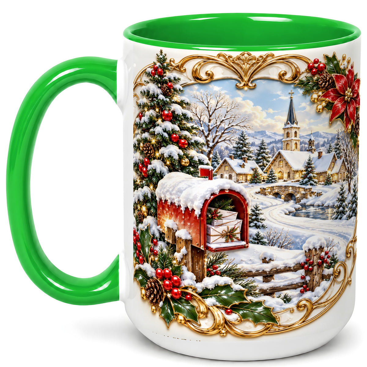 #pl[15oz|Green] Christmas Mailbox Village Coffee Mug, Snowy Village Mug, Ceramic Cup