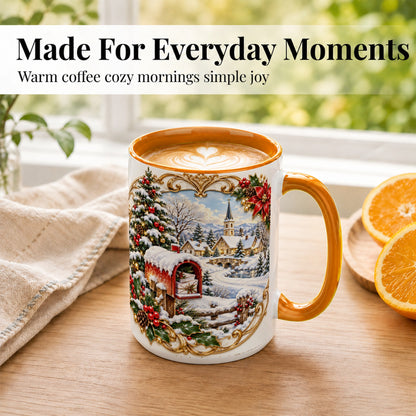#pl[15oz|Orange] Christmas Mailbox Village Coffee Mug, Snowy Village Mug, Ceramic Cup