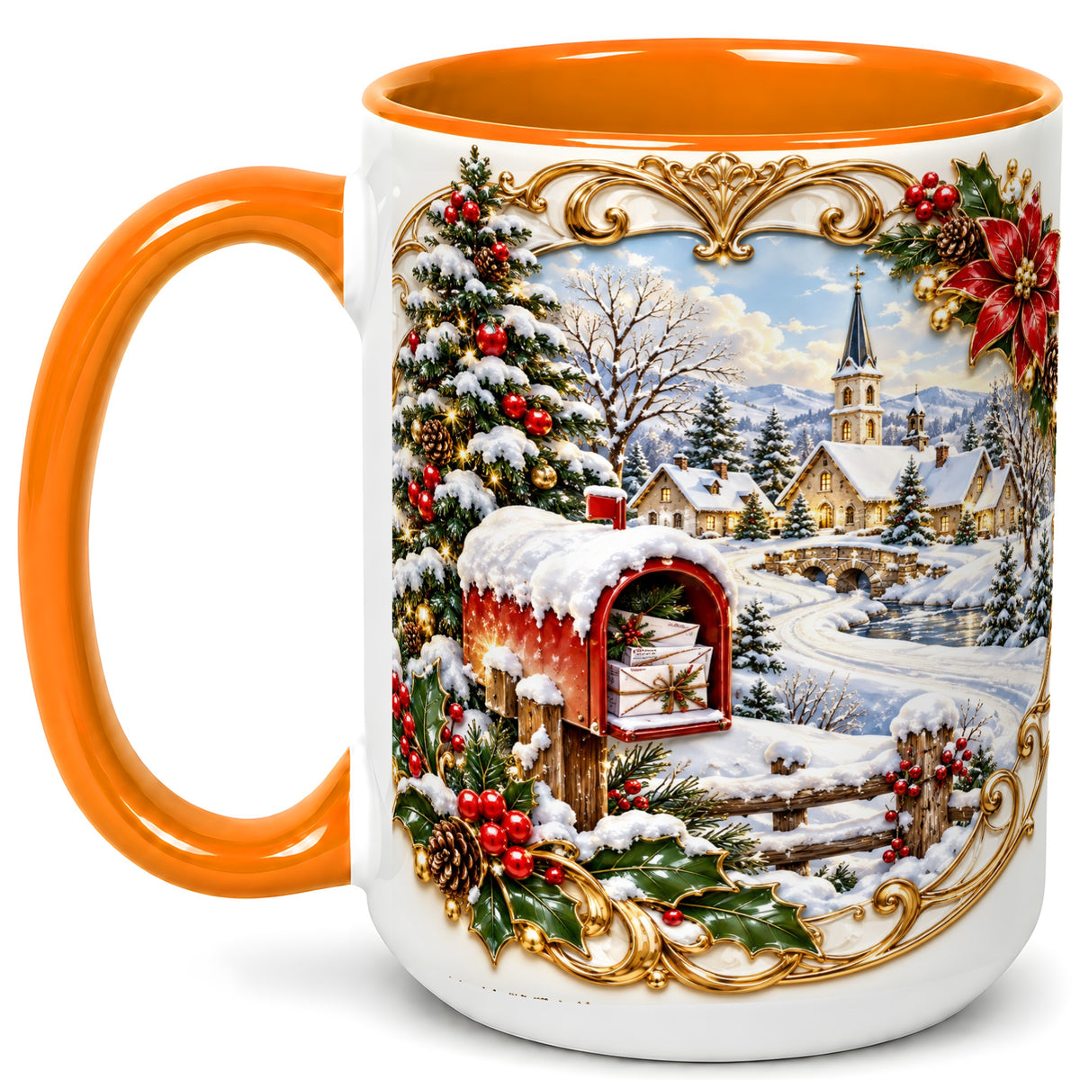 #pl[15oz|Orange] Christmas Mailbox Village Coffee Mug, Snowy Village Mug, Ceramic Cup