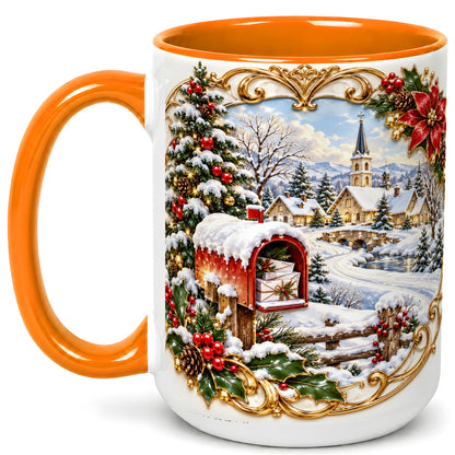#pl[15oz|Orange] Christmas Mailbox Village Coffee Mug, Snowy Village Mug, Ceramic Cup