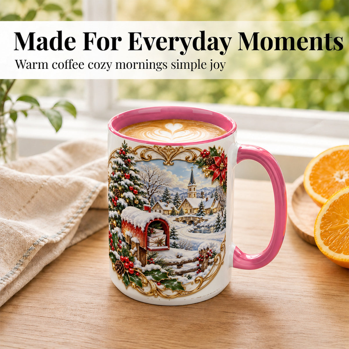 #pl[15oz|Pink] Christmas Mailbox Village Coffee Mug, Snowy Village Mug, Ceramic Cup