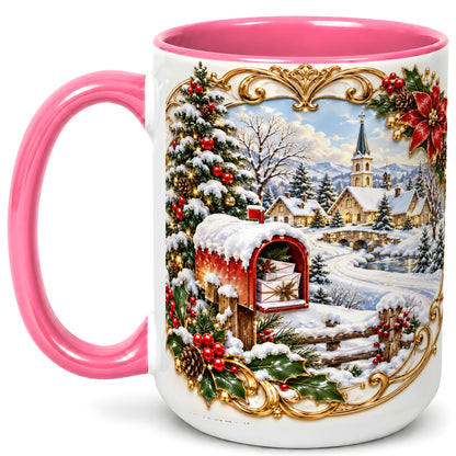 #pl[15oz|Pink] Christmas Mailbox Village Coffee Mug, Snowy Village Mug, Ceramic Cup
