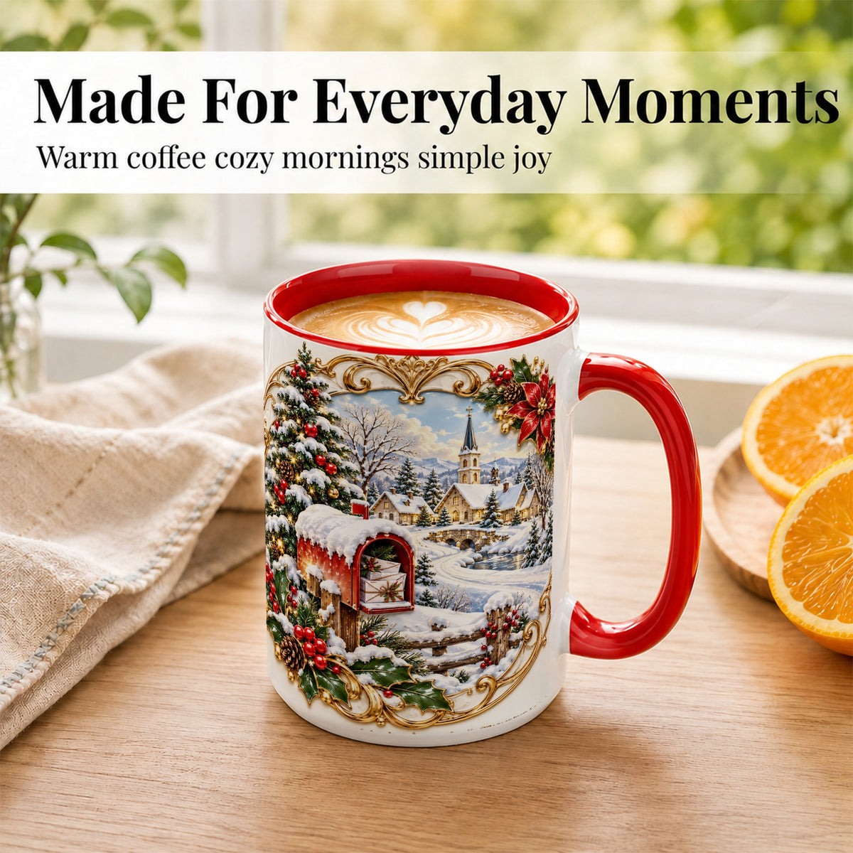 #pl[15oz|Red] Christmas Mailbox Village Coffee Mug, Snowy Village Mug, Ceramic Cup