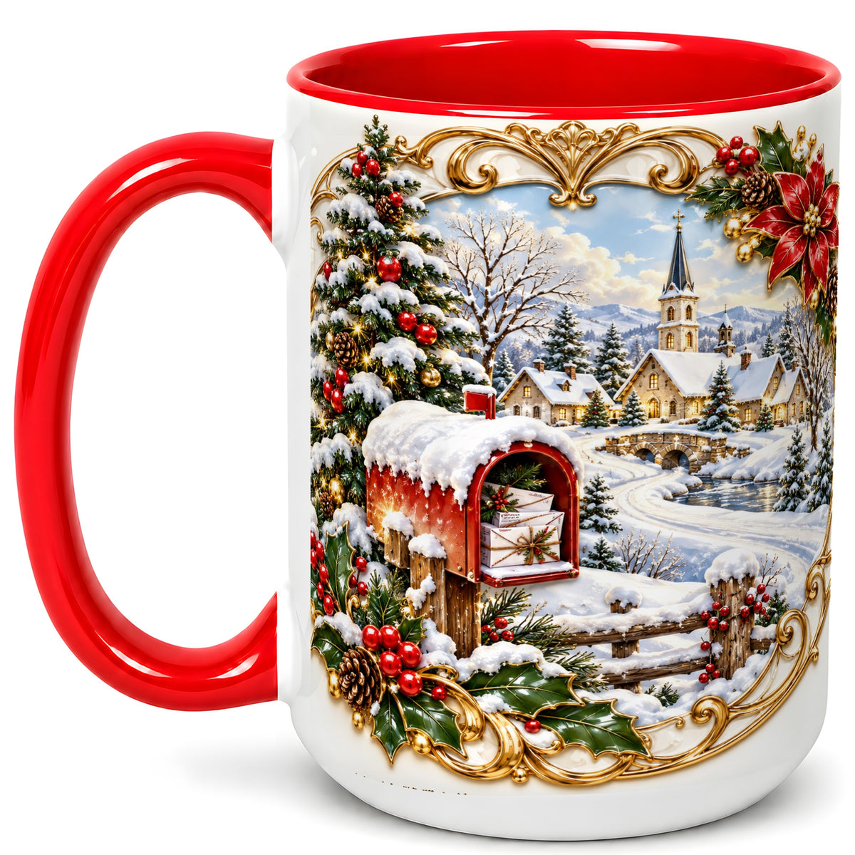 #pl[15oz|Red] Christmas Mailbox Village Coffee Mug, Snowy Village Mug, Ceramic Cup