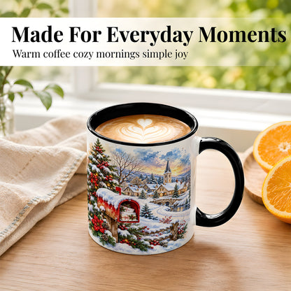 #pl[11oz|Black] Snowy Holiday Village Coffee Mug, Winter Scene Mug, Ceramic Cup