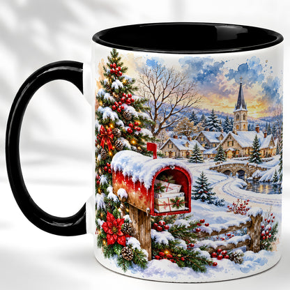 #pl[11oz|Black] Snowy Holiday Village Coffee Mug, Winter Scene Mug, Ceramic Cup
