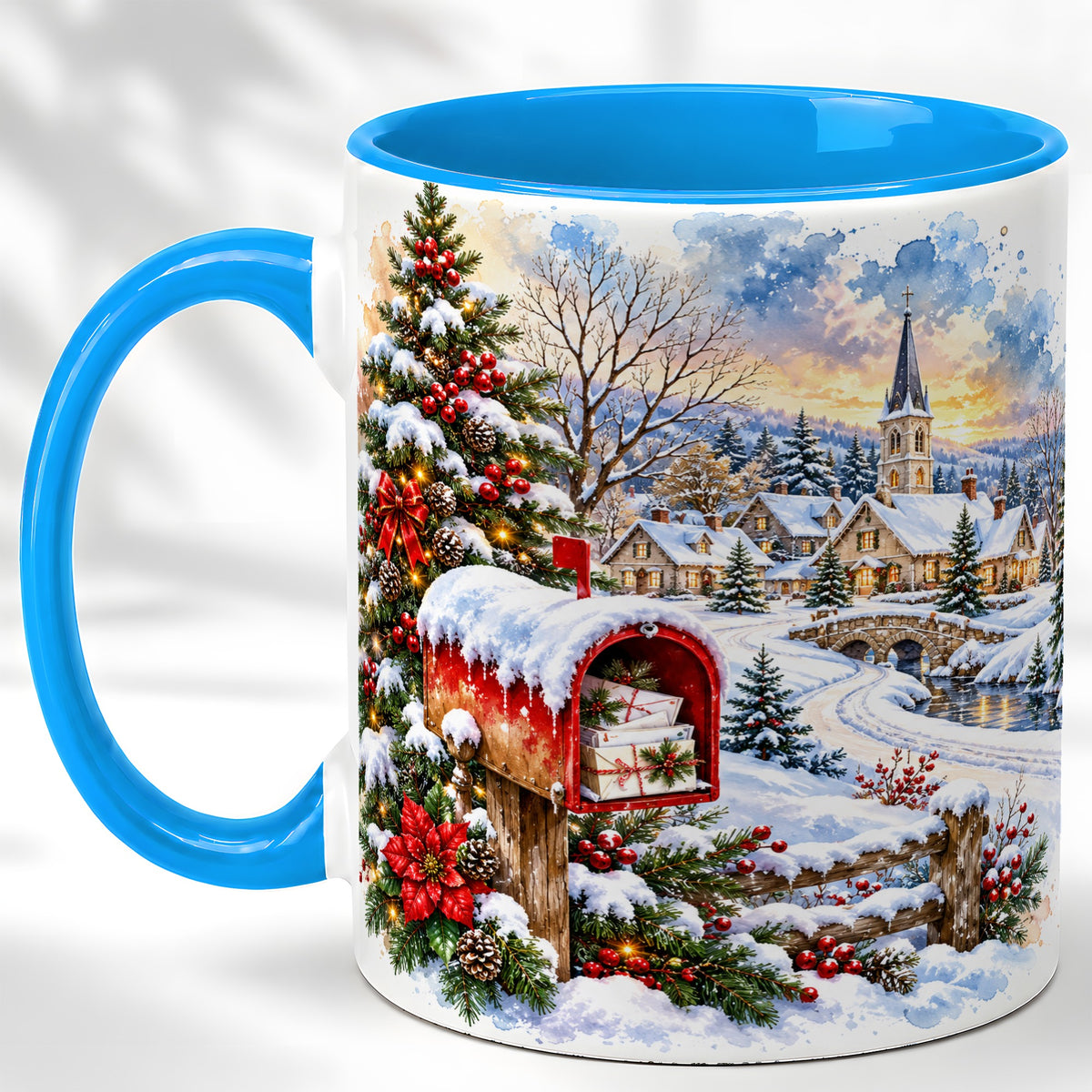 #pl[11oz|Blue] Snowy Holiday Village Coffee Mug, Winter Scene Mug, Ceramic Cup