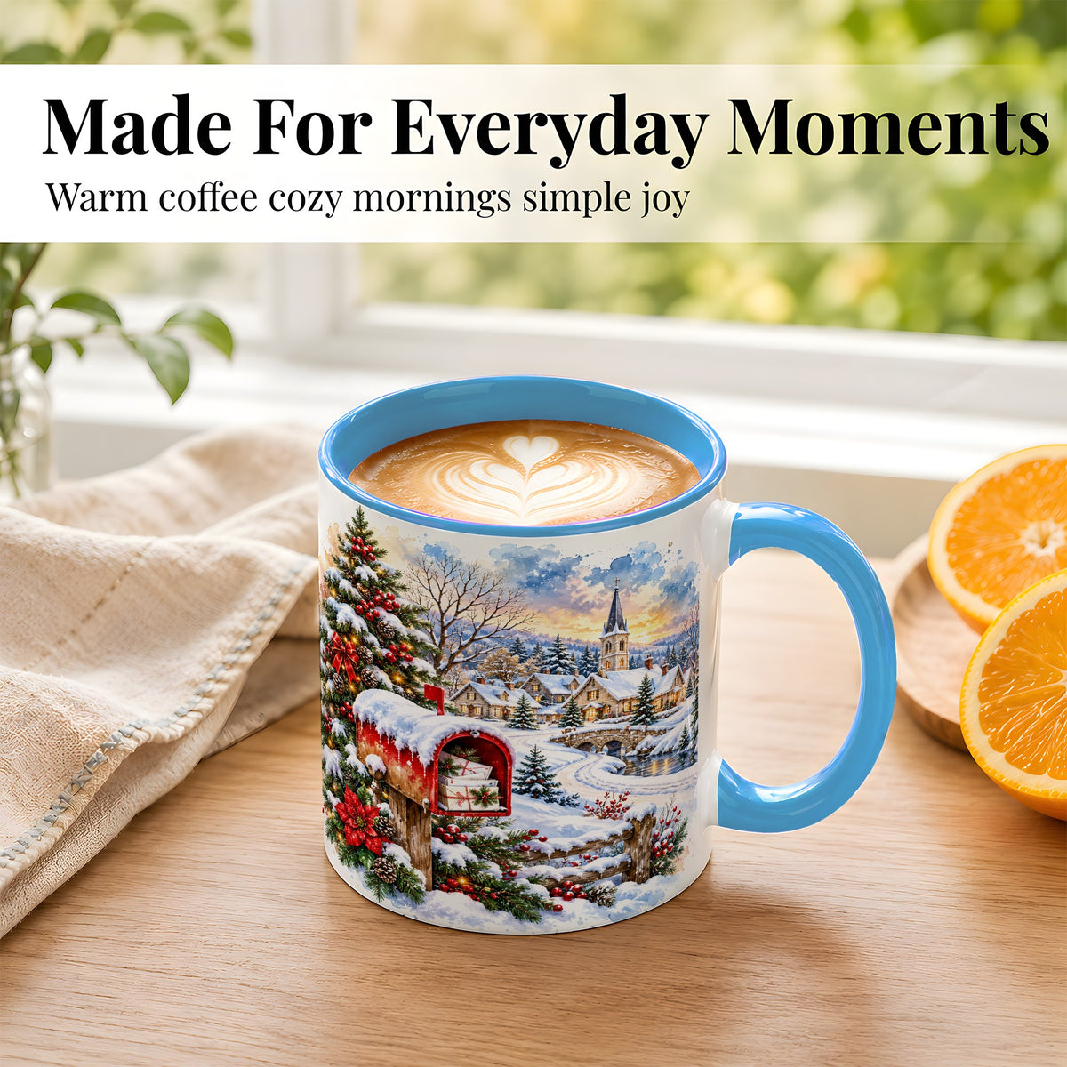#pl[11oz|Blue] Snowy Holiday Village Coffee Mug, Winter Scene Mug, Ceramic Cup