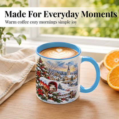 #pl[11oz|Blue] Snowy Holiday Village Coffee Mug, Winter Scene Mug, Ceramic Cup