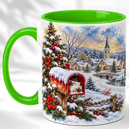 #pl[11oz|Green] Snowy Holiday Village Coffee Mug, Winter Scene Mug, Ceramic Cup