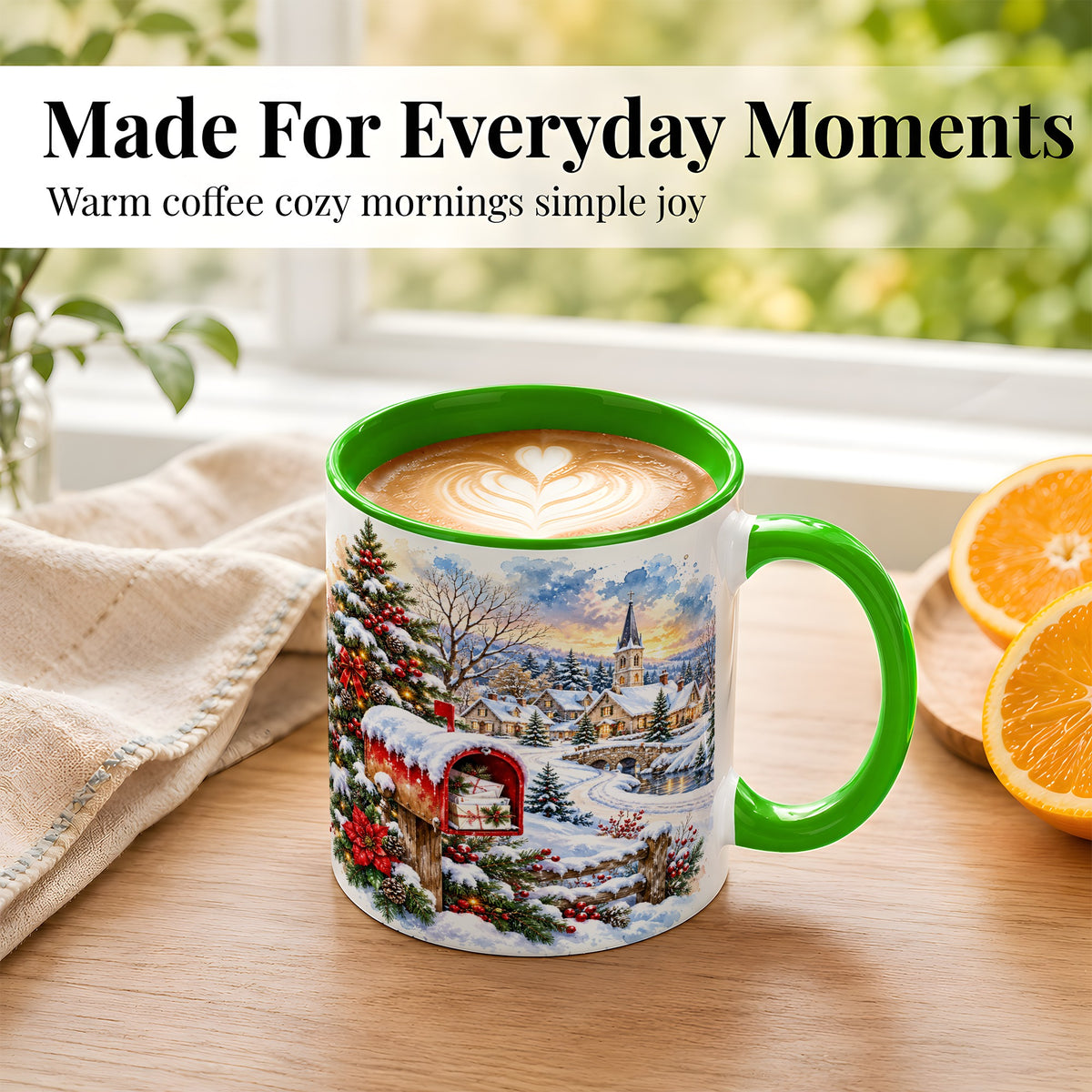 #pl[11oz|Green] Snowy Holiday Village Coffee Mug, Winter Scene Mug, Ceramic Cup