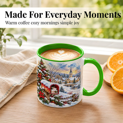 #pl[11oz|Green] Snowy Holiday Village Coffee Mug, Winter Scene Mug, Ceramic Cup