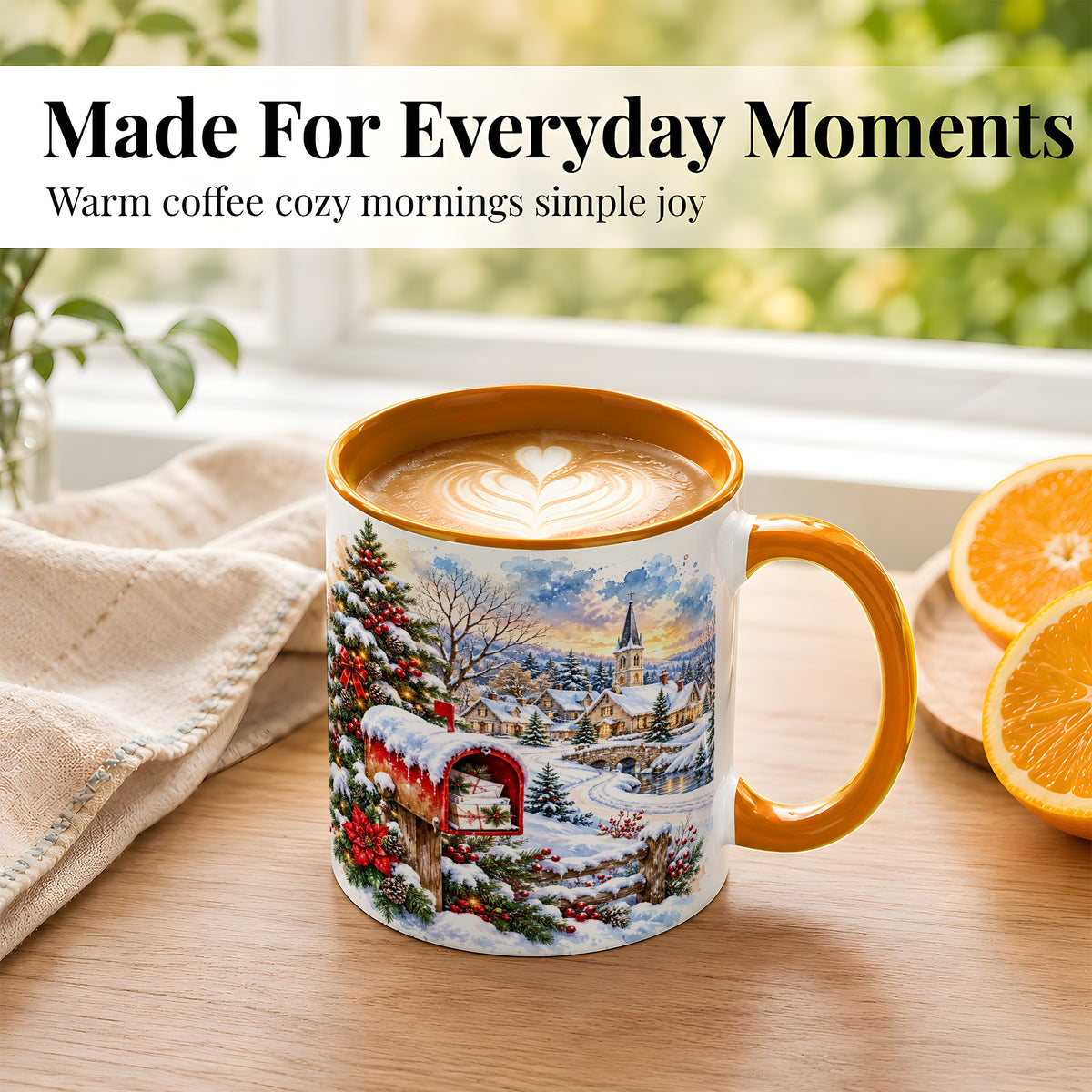 #pl[11oz|Orange] Snowy Holiday Village Coffee Mug, Winter Scene Mug, Ceramic Cup