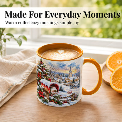 #pl[11oz|Orange] Snowy Holiday Village Coffee Mug, Winter Scene Mug, Ceramic Cup