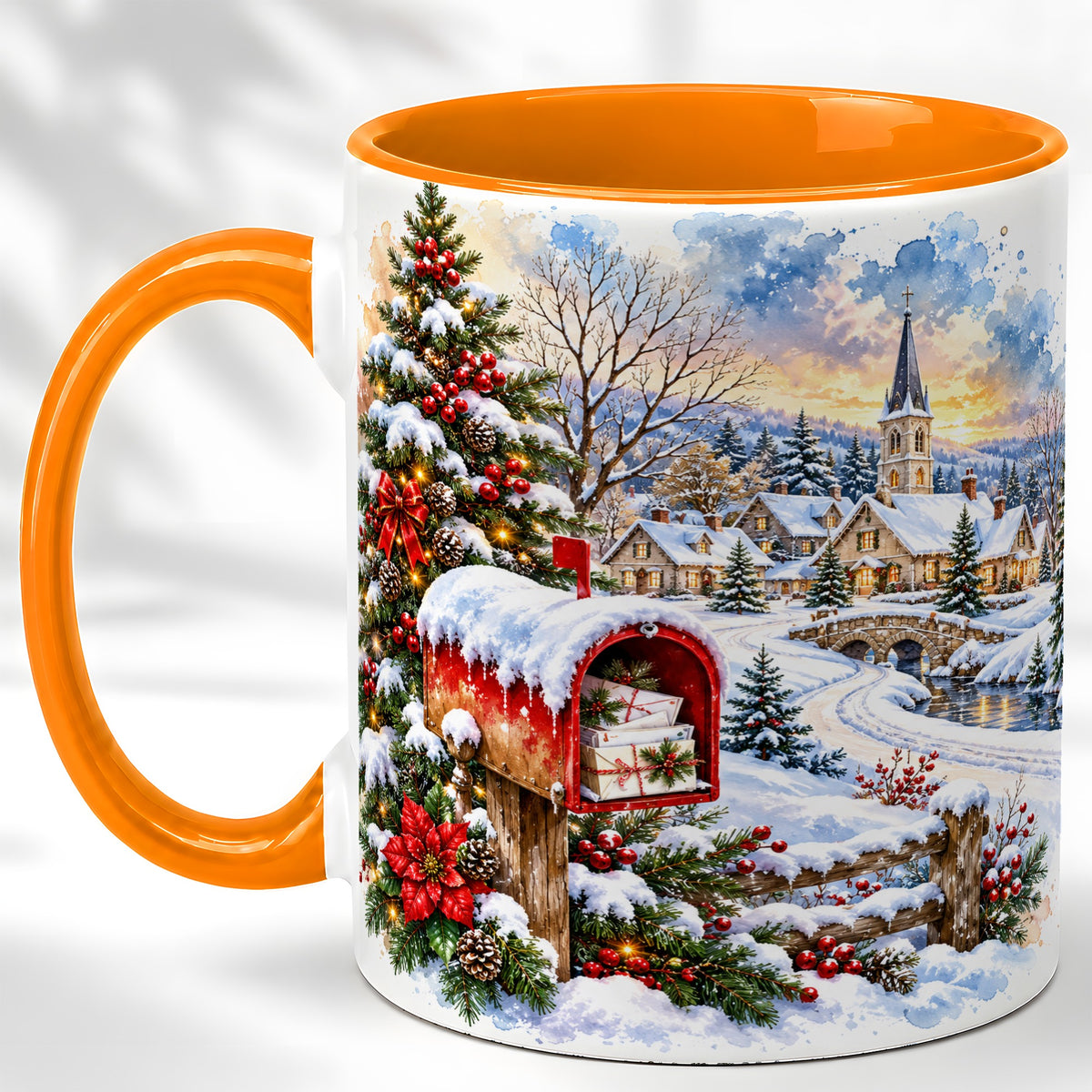 #pl[11oz|Orange] Snowy Holiday Village Coffee Mug, Winter Scene Mug, Ceramic Cup