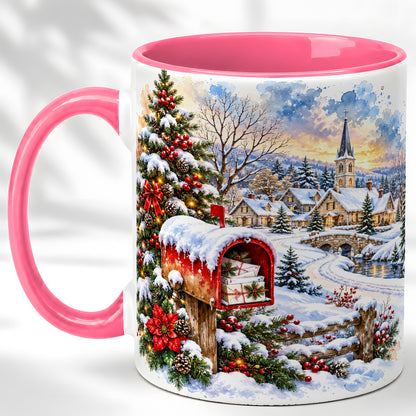 #pl[11oz|Pink] Snowy Holiday Village Coffee Mug, Winter Scene Mug, Ceramic Cup