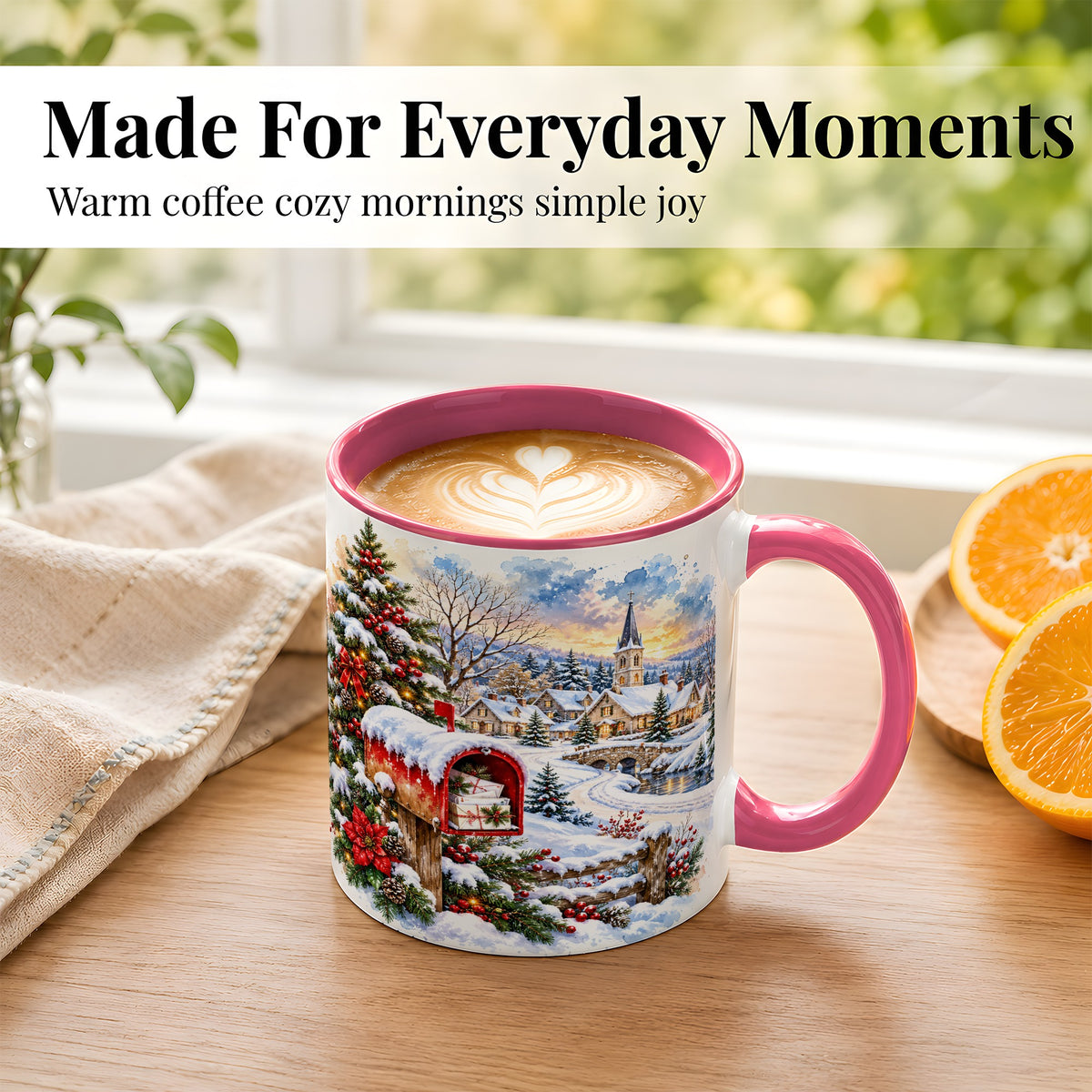 #pl[11oz|Pink] Snowy Holiday Village Coffee Mug, Winter Scene Mug, Ceramic Cup