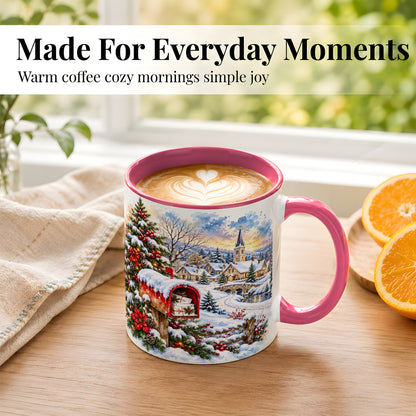 #pl[11oz|Pink] Snowy Holiday Village Coffee Mug, Winter Scene Mug, Ceramic Cup