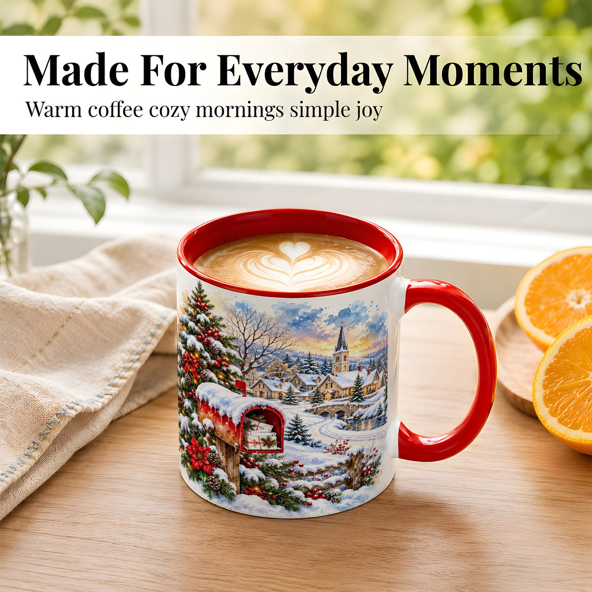 #pl[11oz|Red] Snowy Holiday Village Coffee Mug, Winter Scene Mug, Ceramic Cup