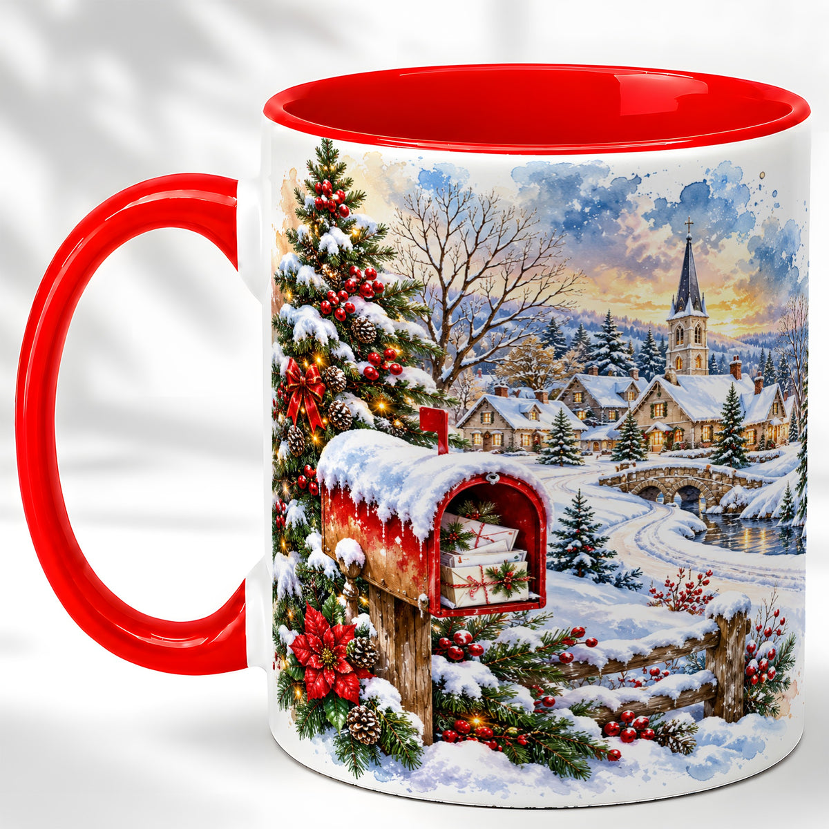 Snowy Holiday Village Coffee Mug, Winter Scene Mug, Ceramic Cup