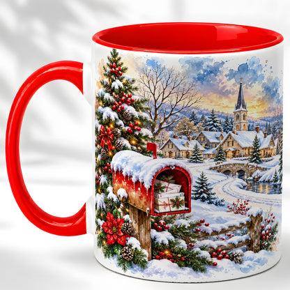 Snowy Holiday Village Coffee Mug, Winter Scene Mug, Ceramic Cup