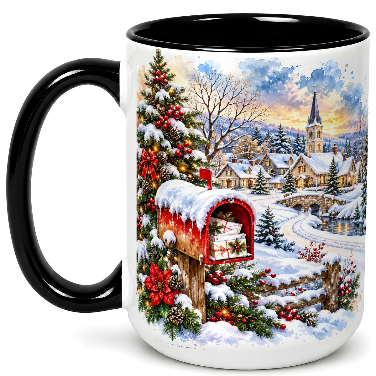 #pl[15oz|Black] Snowy Holiday Village Coffee Mug, Winter Scene Mug, Ceramic Cup