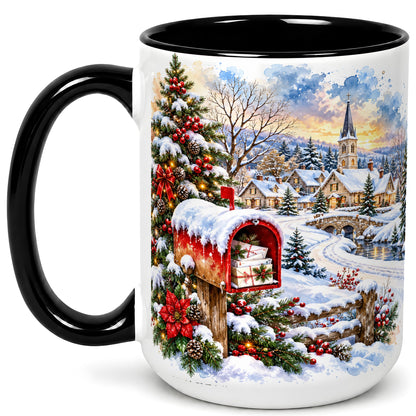 #pl[15oz|Black] Snowy Holiday Village Coffee Mug, Winter Scene Mug, Ceramic Cup
