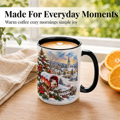 #pl[15oz|Black] Snowy Holiday Village Coffee Mug, Winter Scene Mug, Ceramic Cup