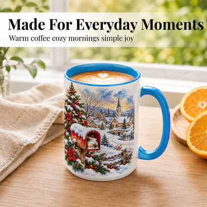 #pl[15oz|Blue] Snowy Holiday Village Coffee Mug, Winter Scene Mug, Ceramic Cup