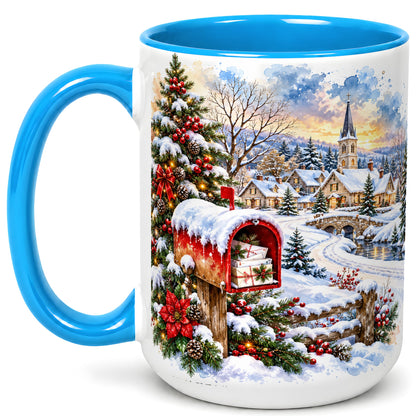#pl[15oz|Blue] Snowy Holiday Village Coffee Mug, Winter Scene Mug, Ceramic Cup