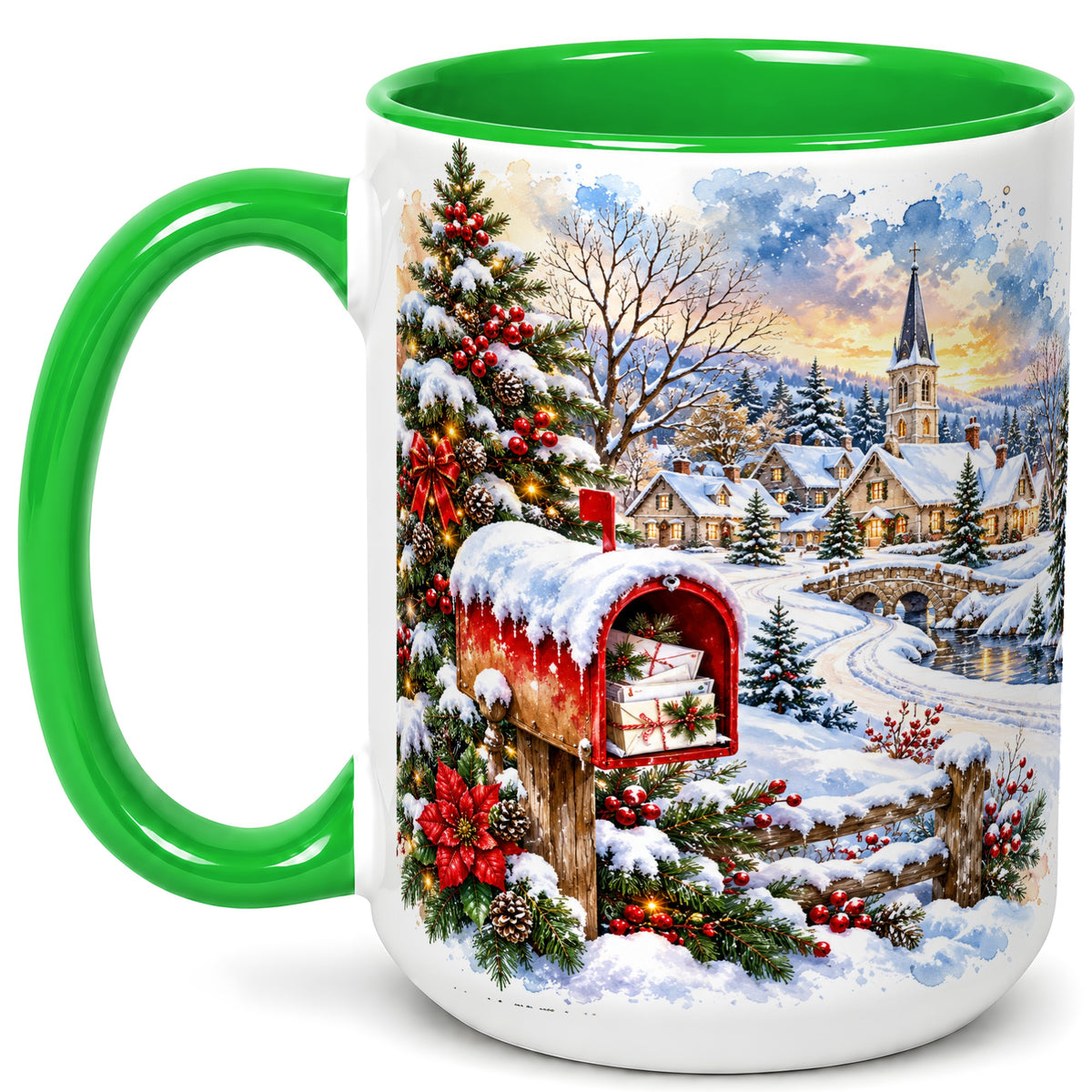 #pl[15oz|Green] Snowy Holiday Village Coffee Mug, Winter Scene Mug, Ceramic Cup