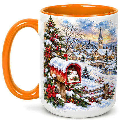#pl[15oz|Orange] Snowy Holiday Village Coffee Mug, Winter Scene Mug, Ceramic Cup