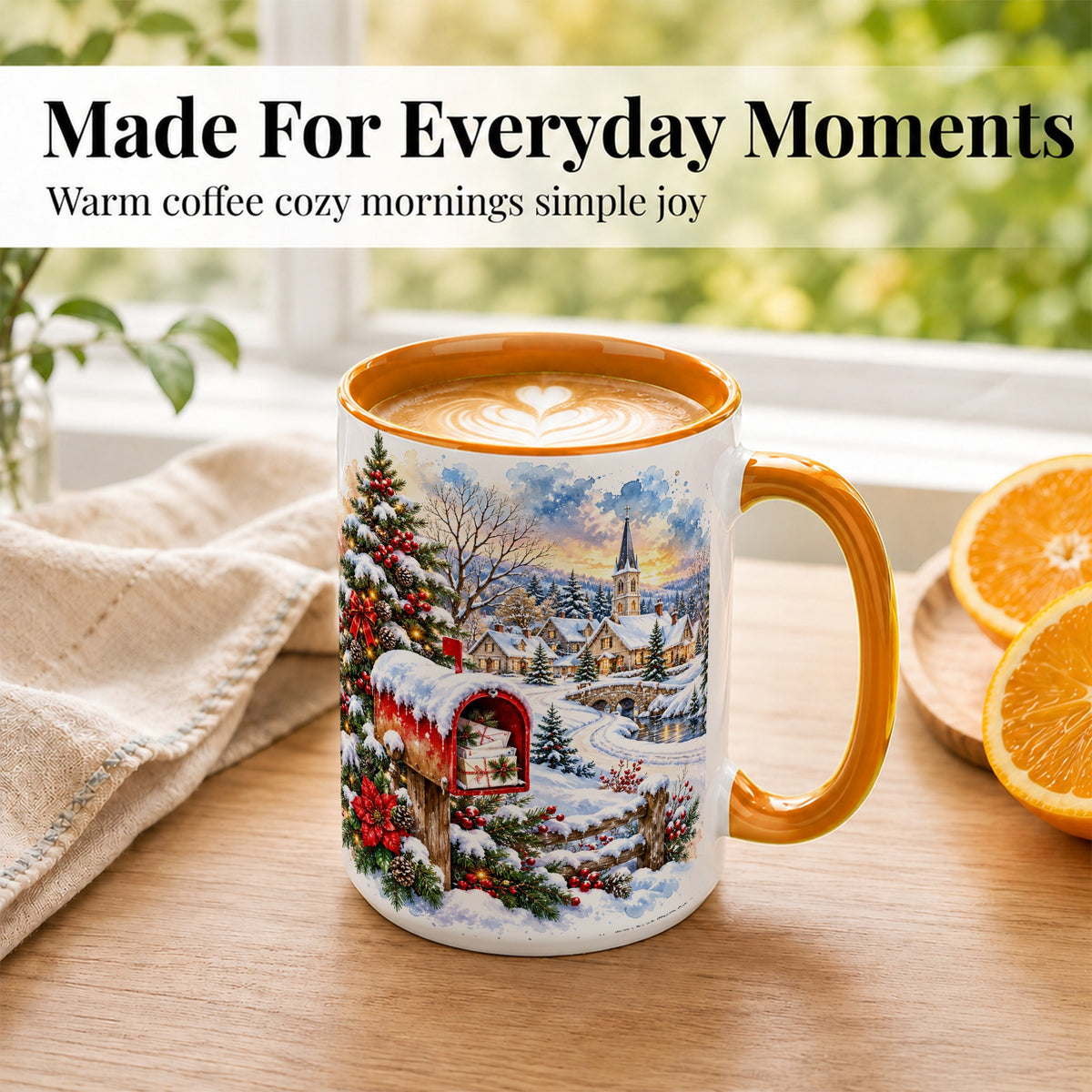#pl[15oz|Orange] Snowy Holiday Village Coffee Mug, Winter Scene Mug, Ceramic Cup