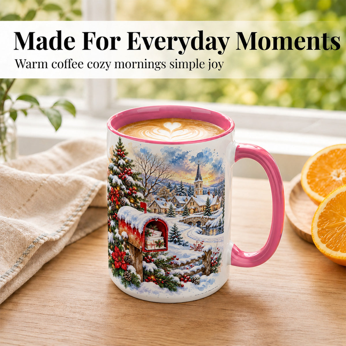 #pl[15oz|Pink] Snowy Holiday Village Coffee Mug, Winter Scene Mug, Ceramic Cup