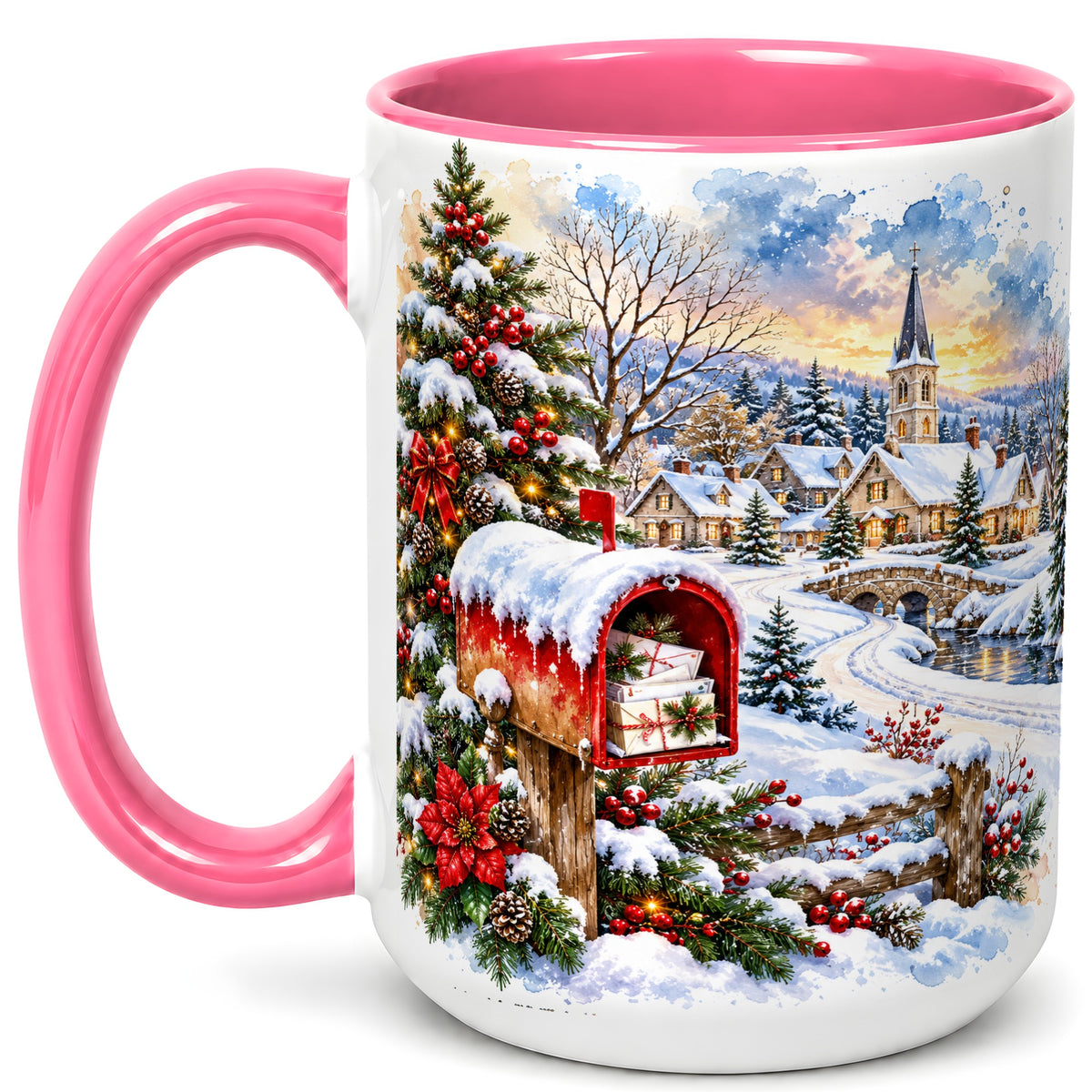 #pl[15oz|Pink] Snowy Holiday Village Coffee Mug, Winter Scene Mug, Ceramic Cup