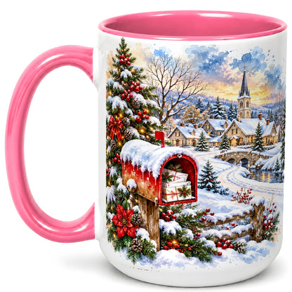 #pl[15oz|Pink] Snowy Holiday Village Coffee Mug, Winter Scene Mug, Ceramic Cup