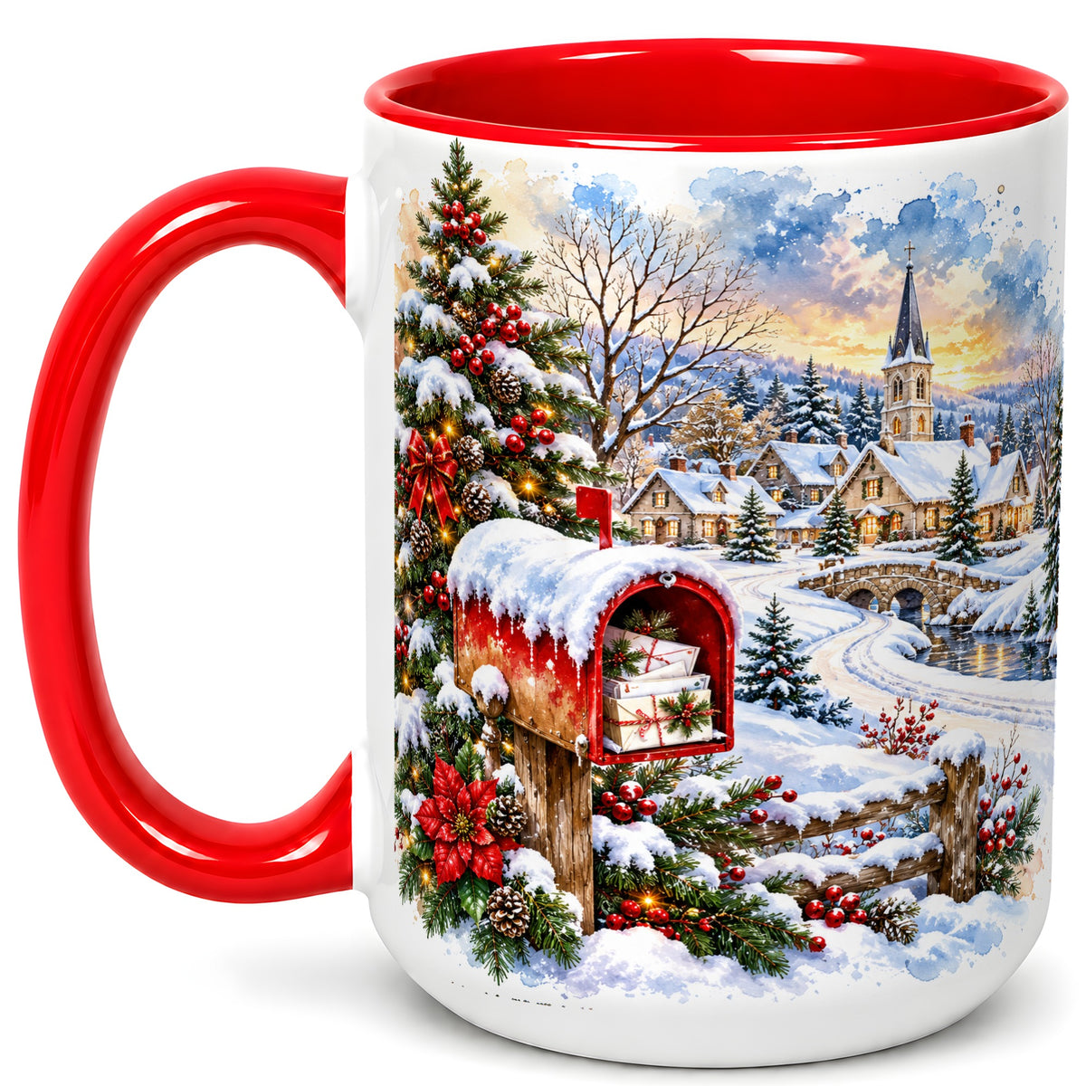 #pl[15oz|Red] Snowy Holiday Village Coffee Mug, Winter Scene Mug, Ceramic Cup