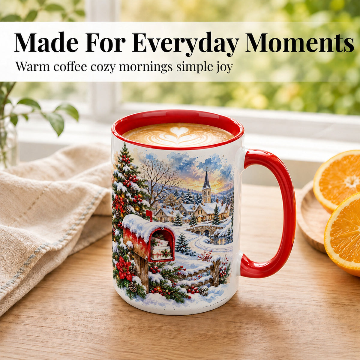 #pl[15oz|Red] Snowy Holiday Village Coffee Mug, Winter Scene Mug, Ceramic Cup