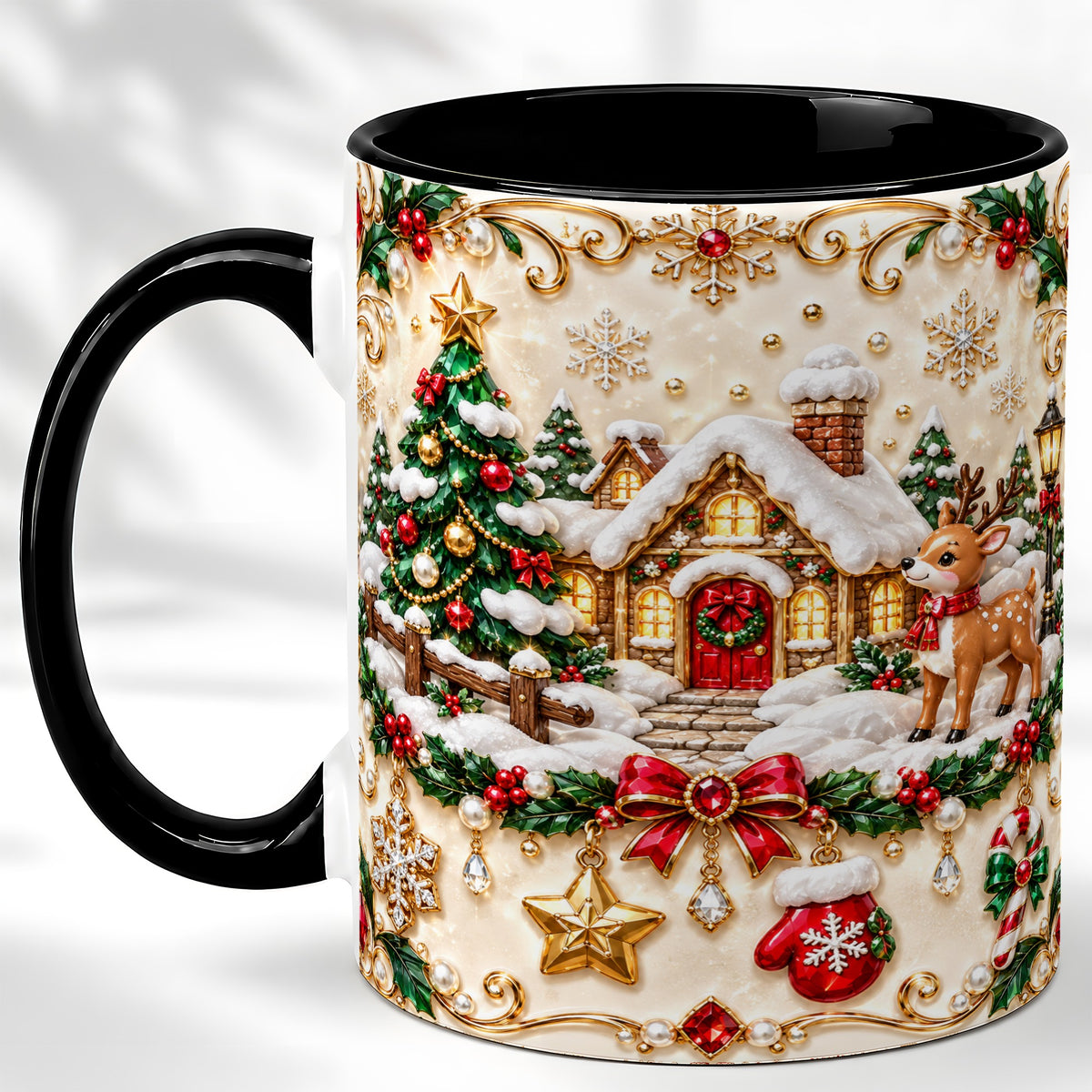 #pl[11oz|Black] Festive Winter Cottage Coffee Mug, Reindeer Mug, Ceramic Cup