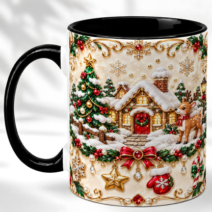 #pl[11oz|Black] Festive Winter Cottage Coffee Mug, Reindeer Mug, Ceramic Cup
