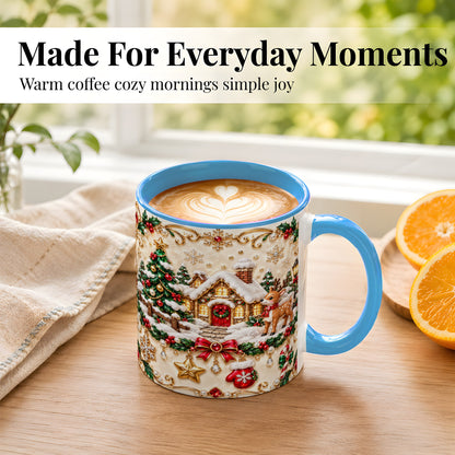 #pl[11oz|Blue] Festive Winter Cottage Coffee Mug, Reindeer Mug, Ceramic Cup