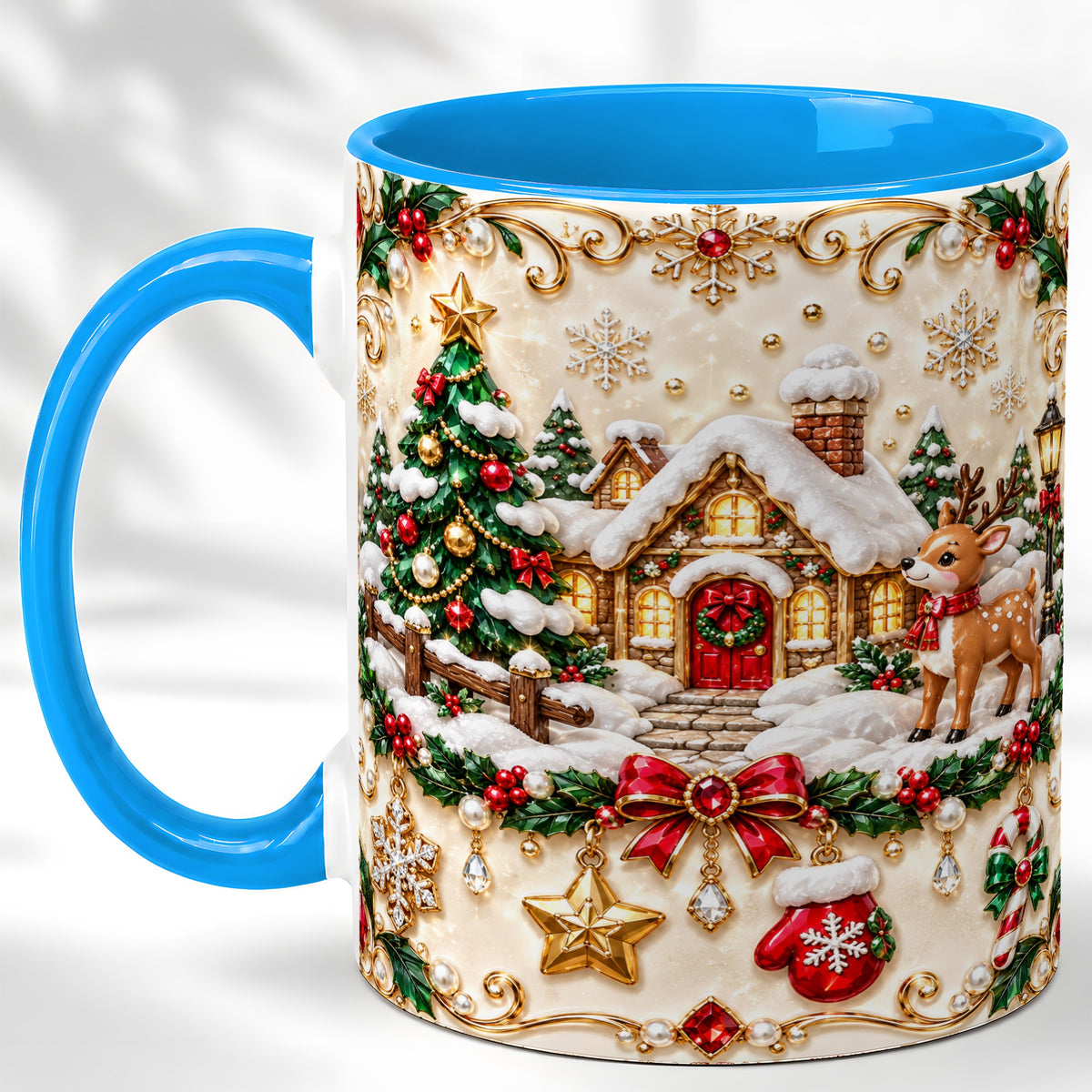 #pl[11oz|Blue] Festive Winter Cottage Coffee Mug, Reindeer Mug, Ceramic Cup