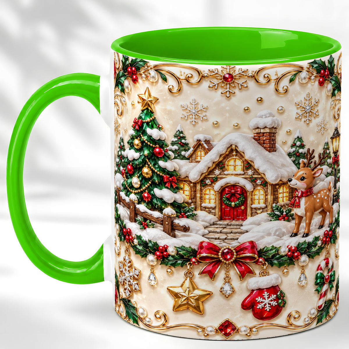 #pl[11oz|Green] Festive Winter Cottage Coffee Mug, Reindeer Mug, Ceramic Cup